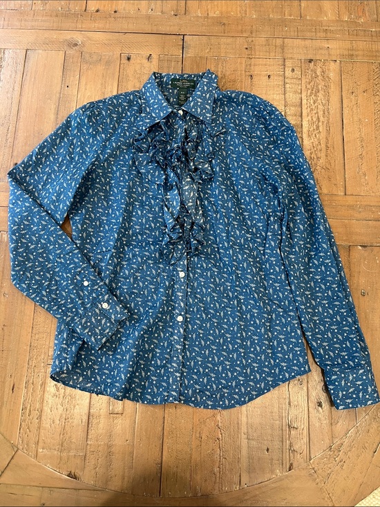 Lauren Ralph Lauren Tops - Lauren Ralph Lauren Women's Blue Floral Ruffle Blouse petite small Cottagecore